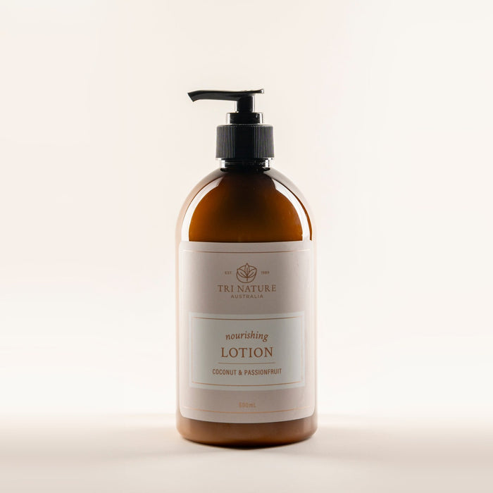 Tri Nature Nourishing Lotion Coconut and Passionfruit 500mL, new look packaging, photographed 2026