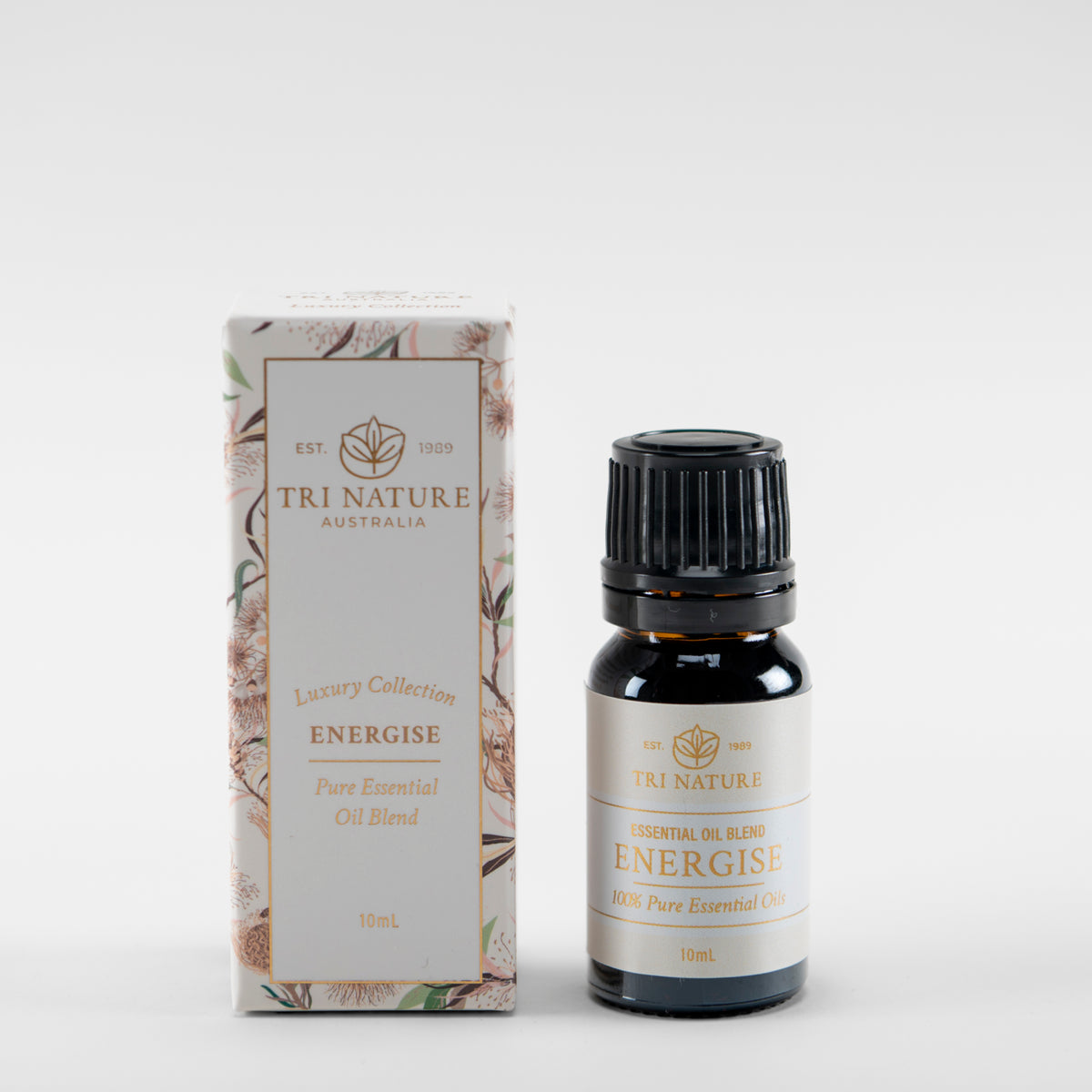 Tri Nature Energise essential oil blend 10ml, Luxury Collection, with box, photographed 2026