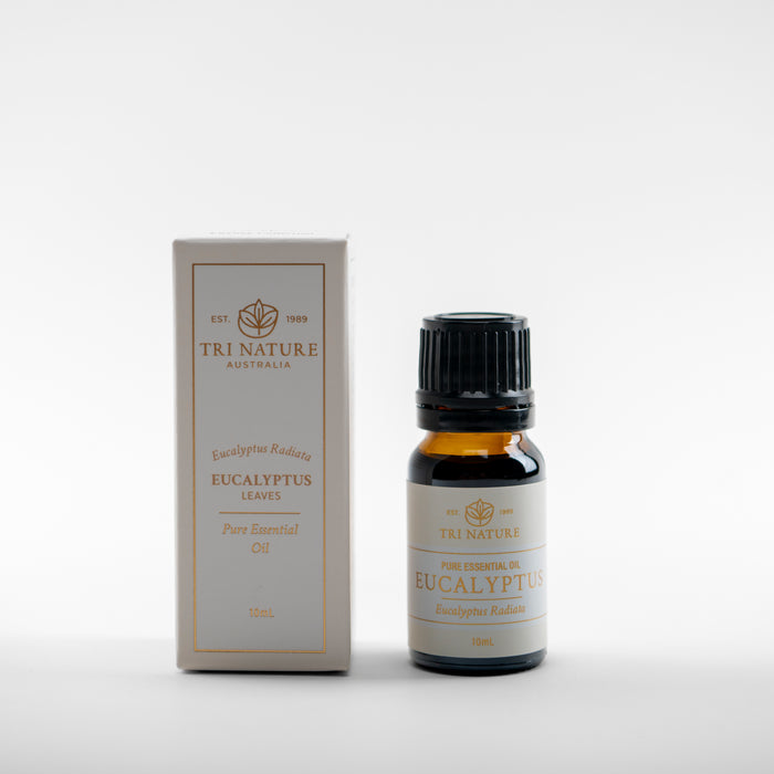Tri Nature Eucalyptus pure essential oil 10ml with box, photographed 2026