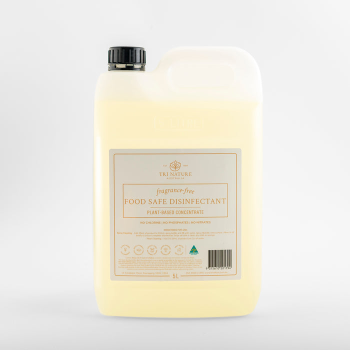 Tri Nature Food Safe Disinfectant, fragrance free, 5L plant based concentrate, new look packaging, photographed 2026
