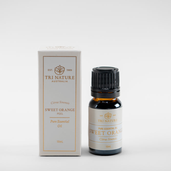 Tri Nature Sweet Orange pure essential oil 10ml with box, photographed 2026