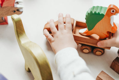 Young child playing with wooden dinosaur toys