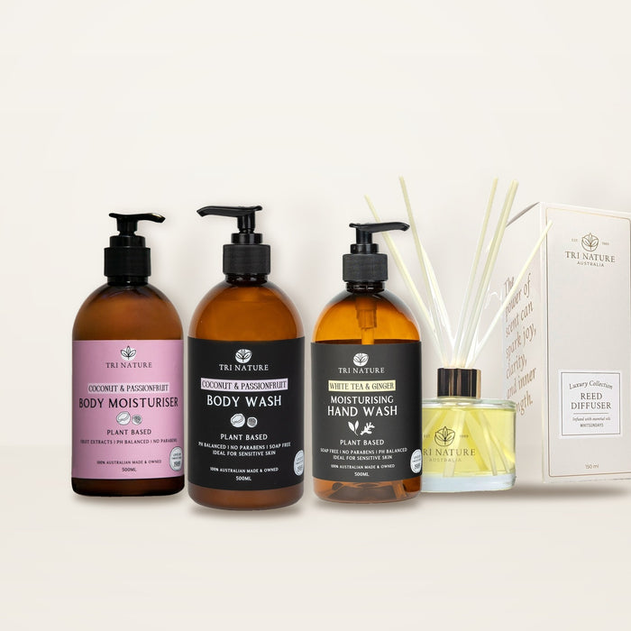 Tri Nature Christmas Gift Box, Coconut & Passionfruit: Body Wash, Body Moisturiser, White Tea & Ginger Hand Wash and Whitsundays Reed Diffuser