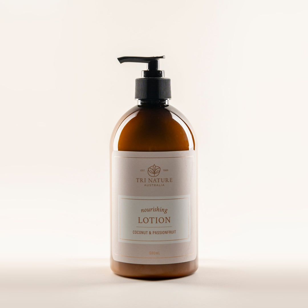 Tri Nature Nourishing Lotion Coconut and Passionfruit 500mL, new look packaging, photographed 2026