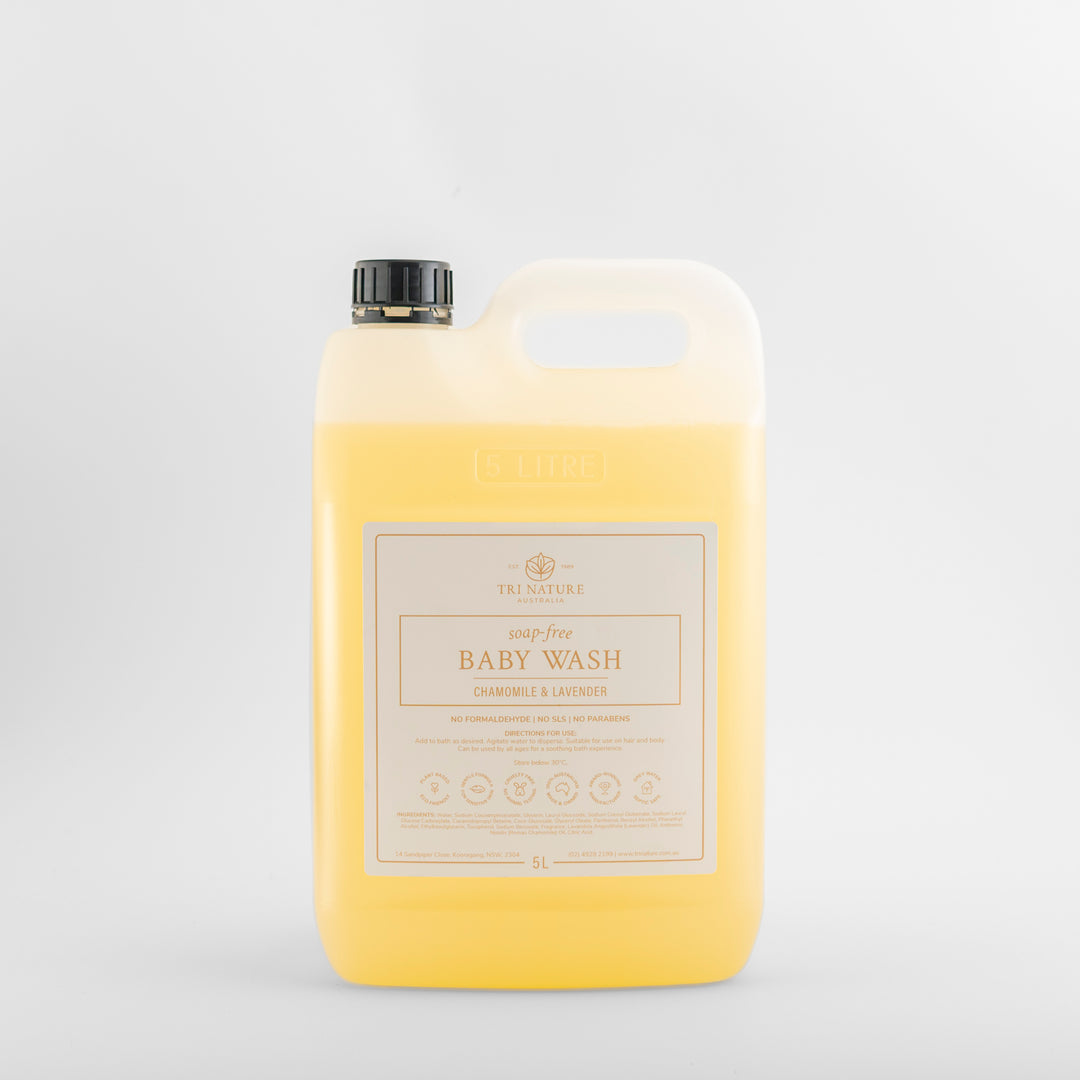 Tri Nature Baby Wash Chamomile and Lavender 5L, soap free refill, new look packaging, photographed 2026