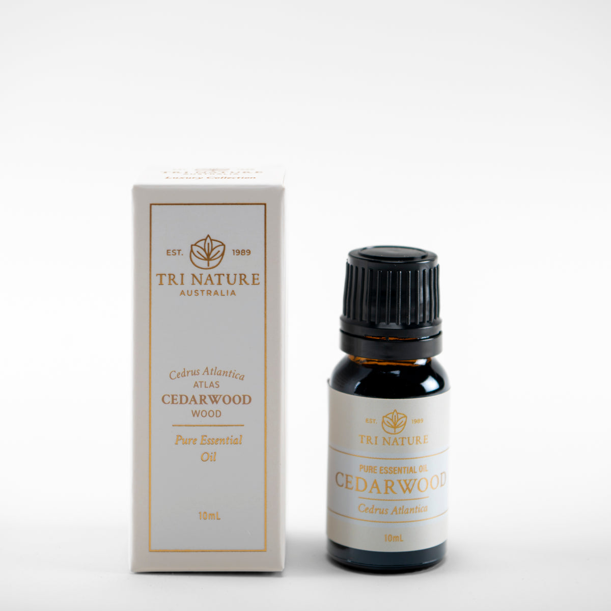 Tri Nature Cedarwood pure essential oil 10ml with box, photographed 2026