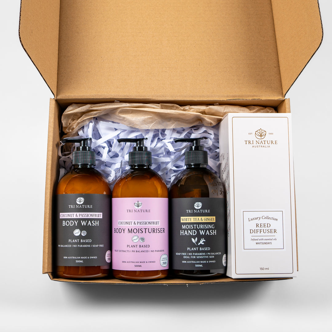 Tri Nature Christmas Gift Box Coconut and Passionfruit, open gift box, photographed 2026