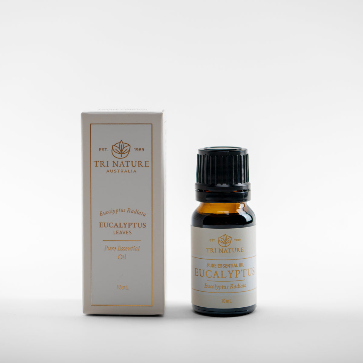 Tri Nature Eucalyptus pure essential oil 10ml with box, photographed 2026