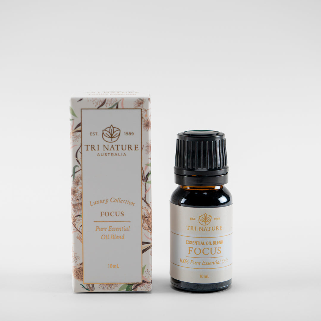 Tri Nature Focus essential oil blend 10ml, Luxury Collection, with box, photographed 2026