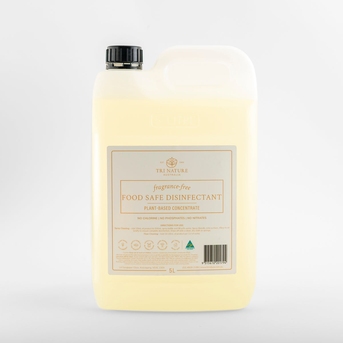 Tri Nature Food Safe Disinfectant, fragrance free, 5L plant based concentrate, new look packaging, photographed 2026