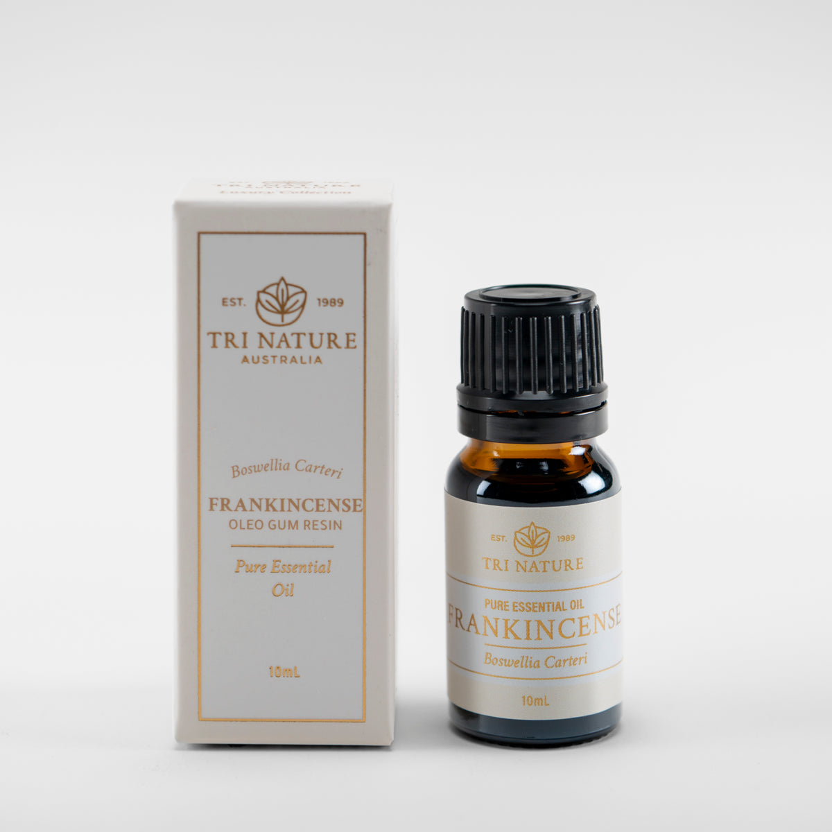 Tri Nature Frankincense pure essential oil 10ml with box, photographed 2026