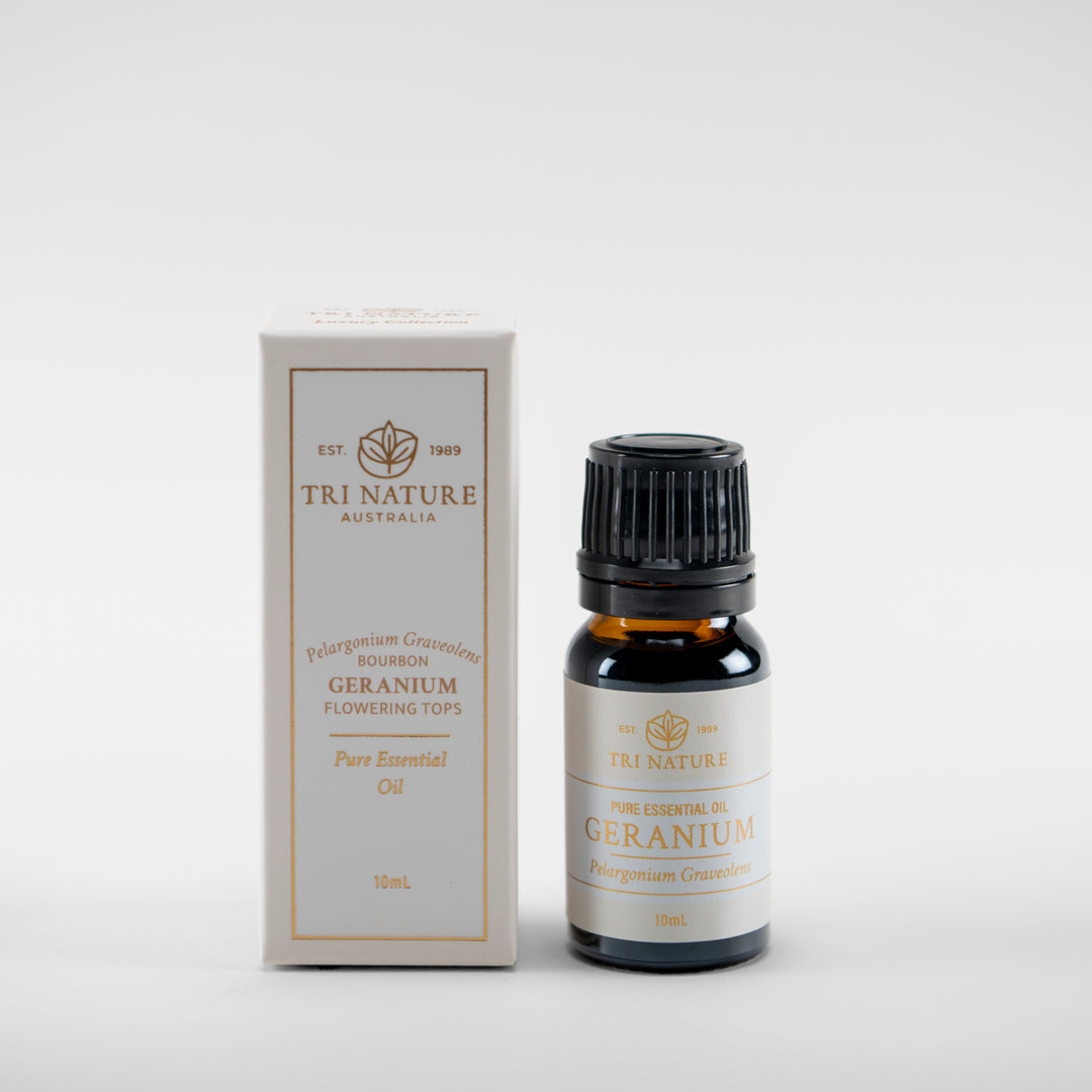 Tri Nature Geranium pure essential oil 10ml with box, photographed 2026