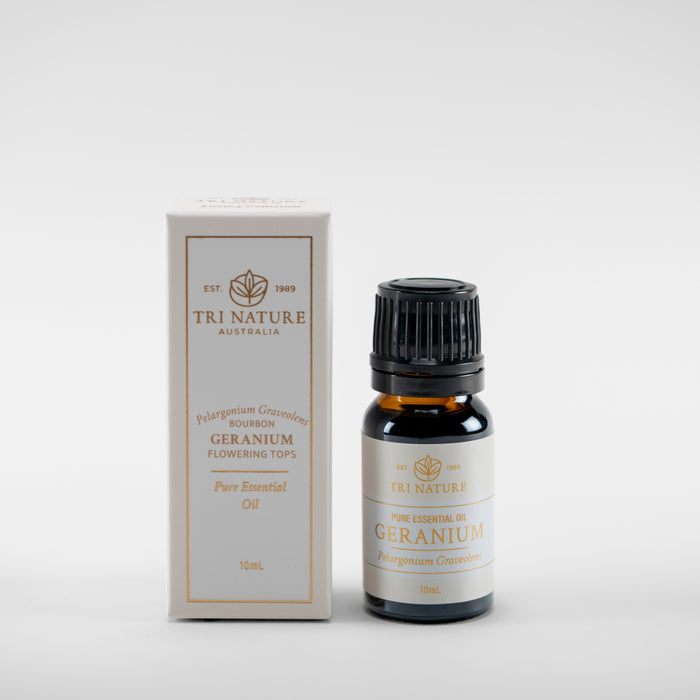 Tri Nature Geranium pure essential oil 10ml with box, photographed 2026