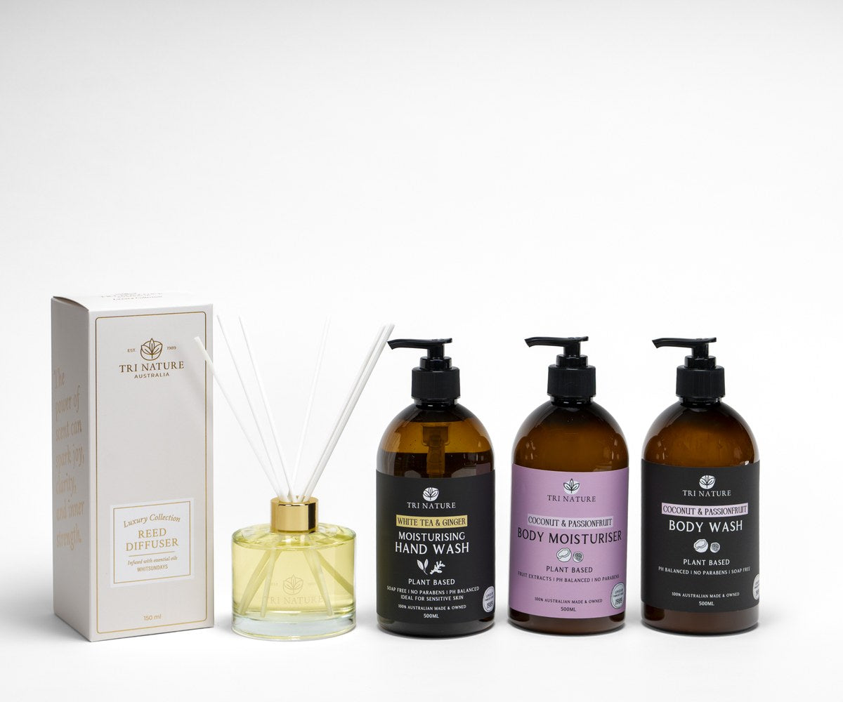 The Tri Nature Christmas Gift Box: Whitsundays reed diffuser, White Tea and Ginger hand wash, Coconut and Passionfruit body moisturiser and body wash