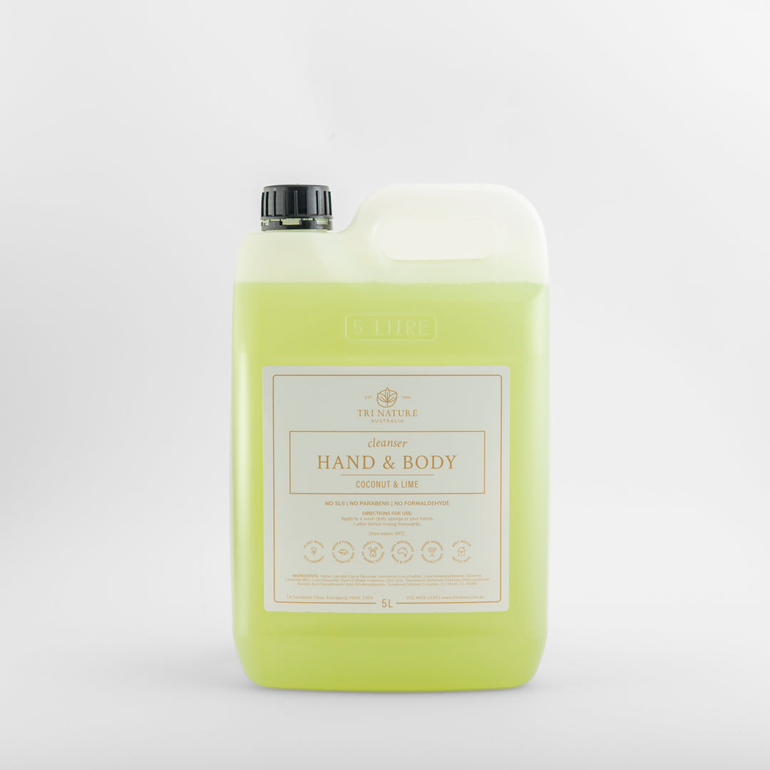 Tri Nature Hand and Body Cleanser Coconut and Lime 5L refill, new look packaging, photographed 2026
