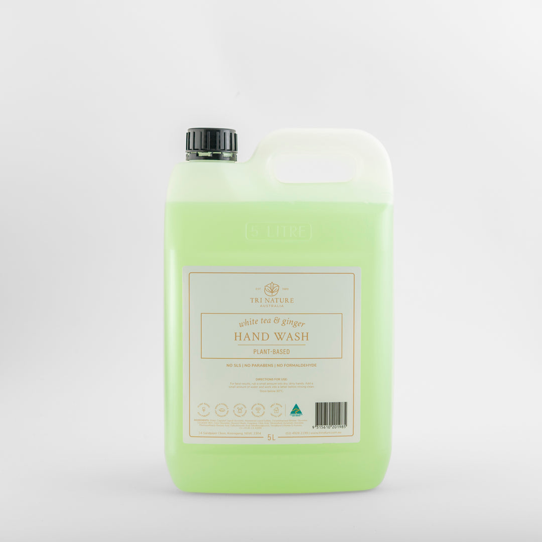 Tri Nature Hand Wash White Tea and Ginger 5L plant based refill, new look packaging, photographed 2026