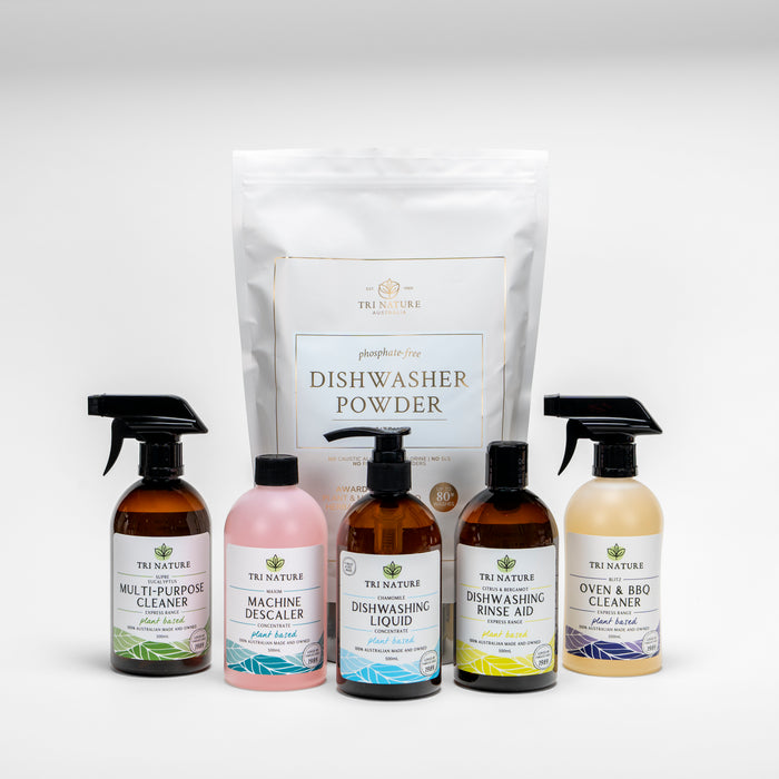 Tri Nature Kitchen Bundle, dishwasher powder, multi-purpose cleaner, machine descaler, dishwashing liquid, rinse aid and oven and BBQ cleaner, previous label