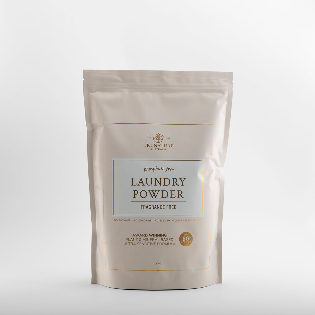 Tri Nature Laundry Powder Fragrance Free 2kg soft pack, ultra sensitive, new look packaging, photographed 2026
