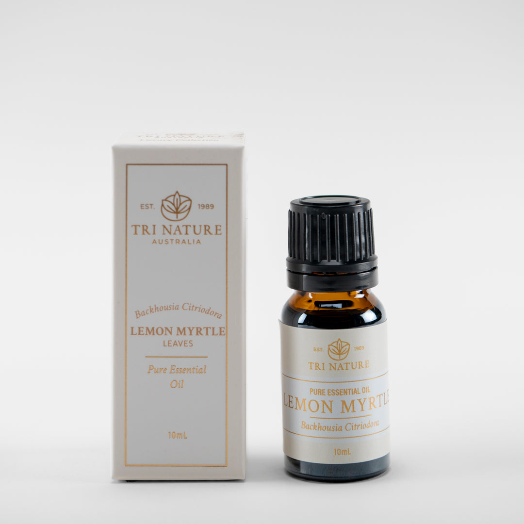 Tri Nature Lemon Myrtle pure essential oil 10ml with box, photographed 2026