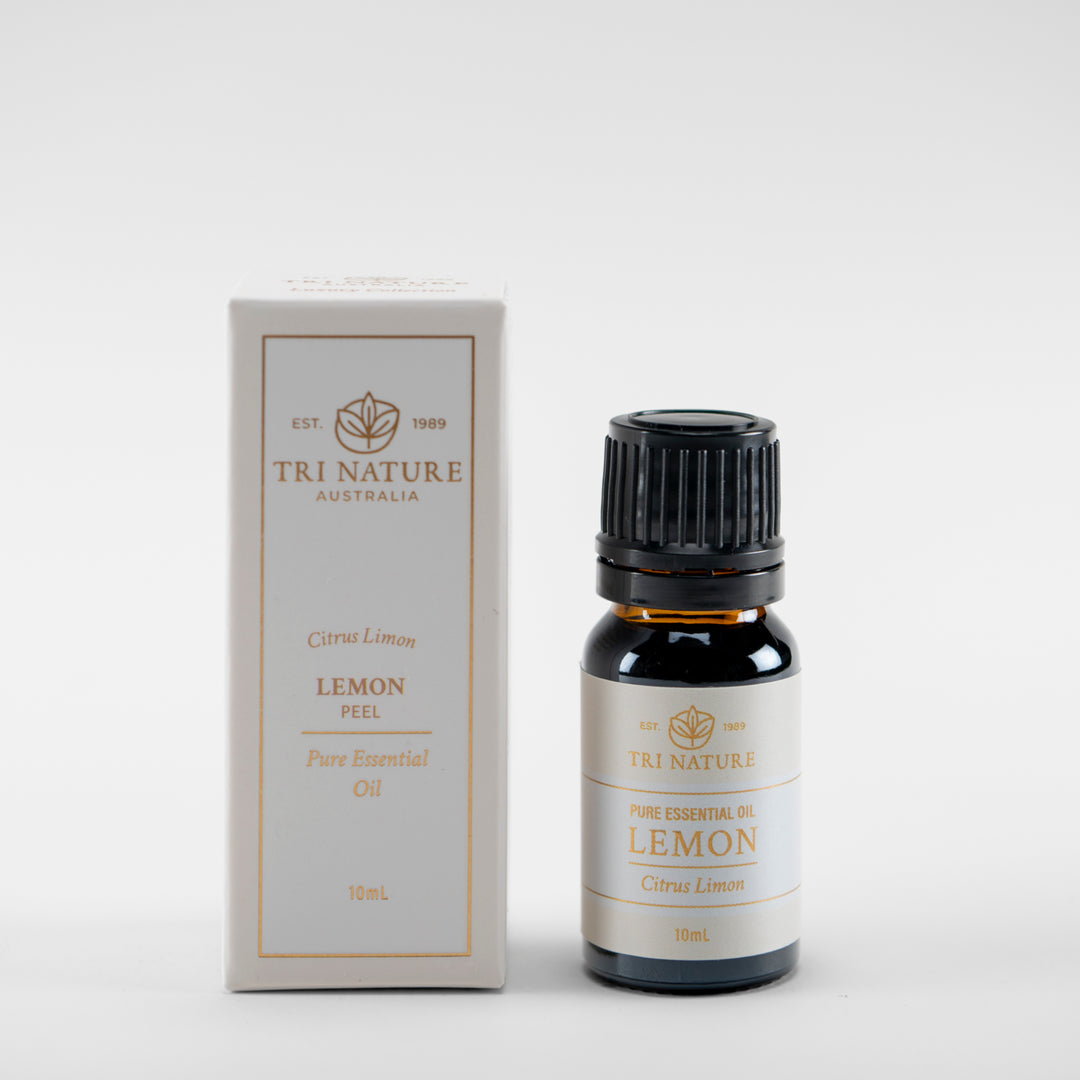 Tri Nature Lemon pure essential oil 10ml with box, photographed 2026