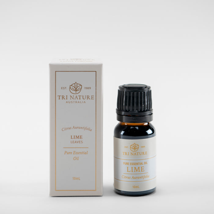 Tri Nature Lime pure essential oil 10ml with box, photographed 2026