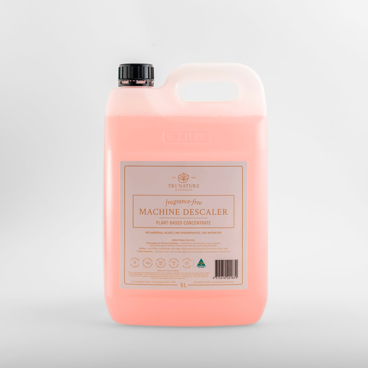 Tri Nature Machine Descaler, fragrance free, 5L plant based concentrate, new look packaging, photographed 2026