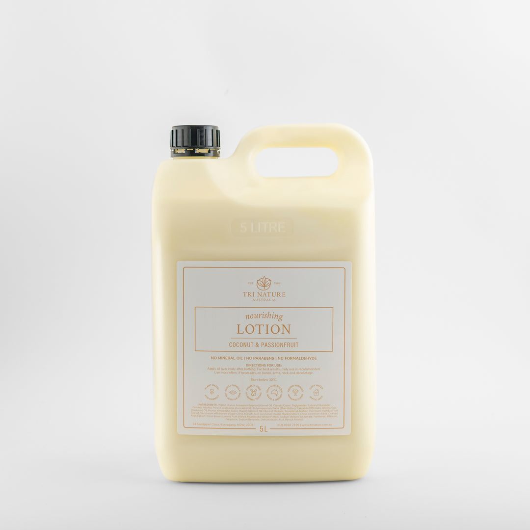Tri Nature Nourishing Lotion Coconut and Passionfruit 5L refill, new look packaging, photographed 2026