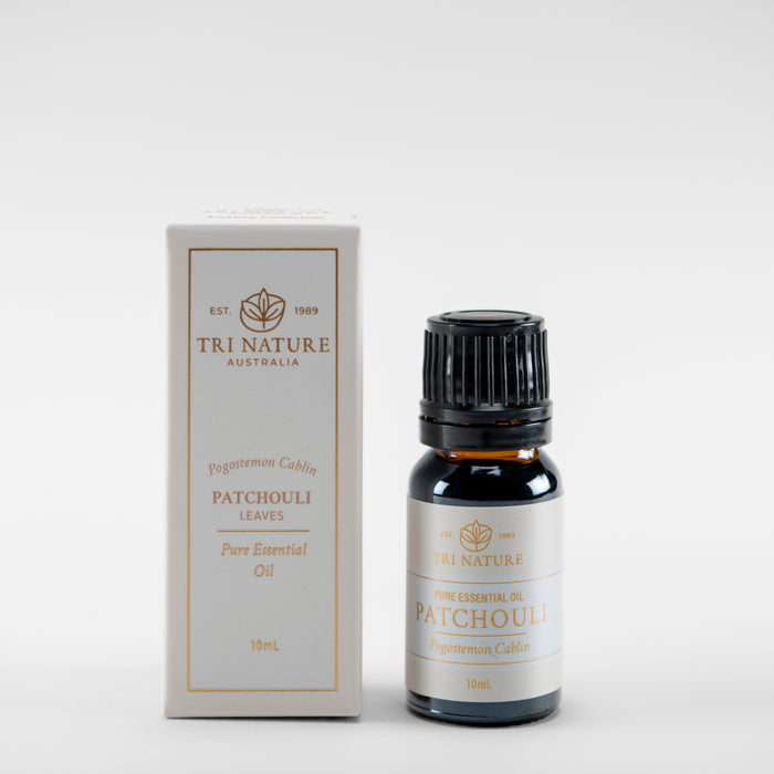 Tri Nature Patchouli pure essential oil 10ml with box, photographed 2026