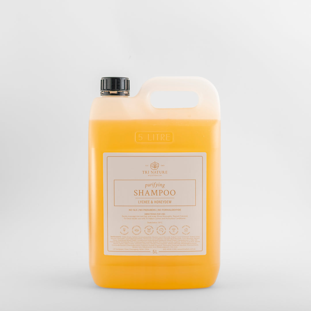Tri Nature Purifying Shampoo Lychee and Honeydew 5L refill, new look packaging, photographed 2026