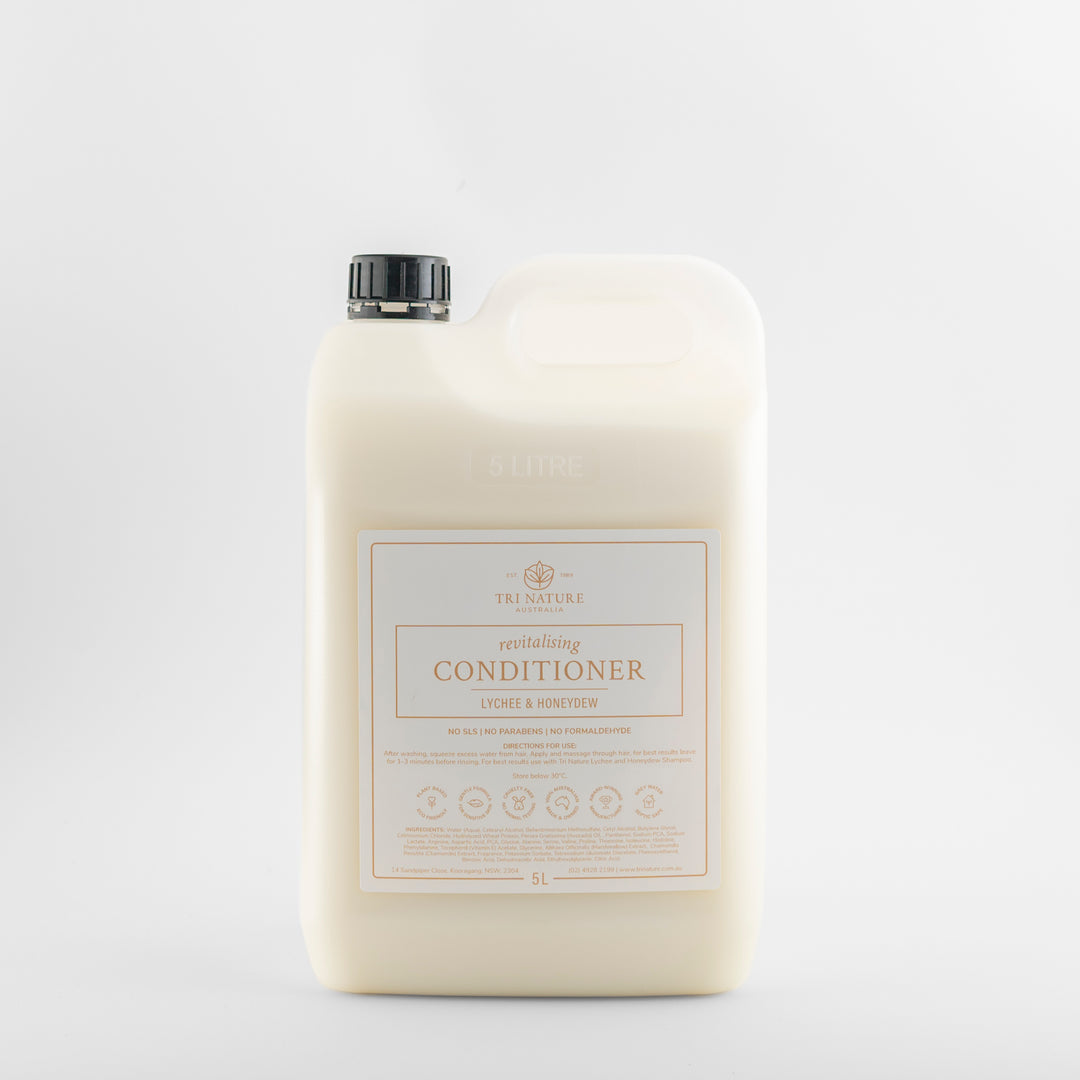 Tri Nature Revitalising Conditioner Lychee and Honeydew 5L refill, new look packaging, photographed 2026