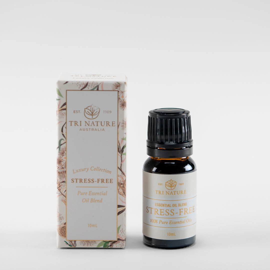 Tri Nature Stress-Free essential oil blend 10ml, Luxury Collection, with box, photographed 2026