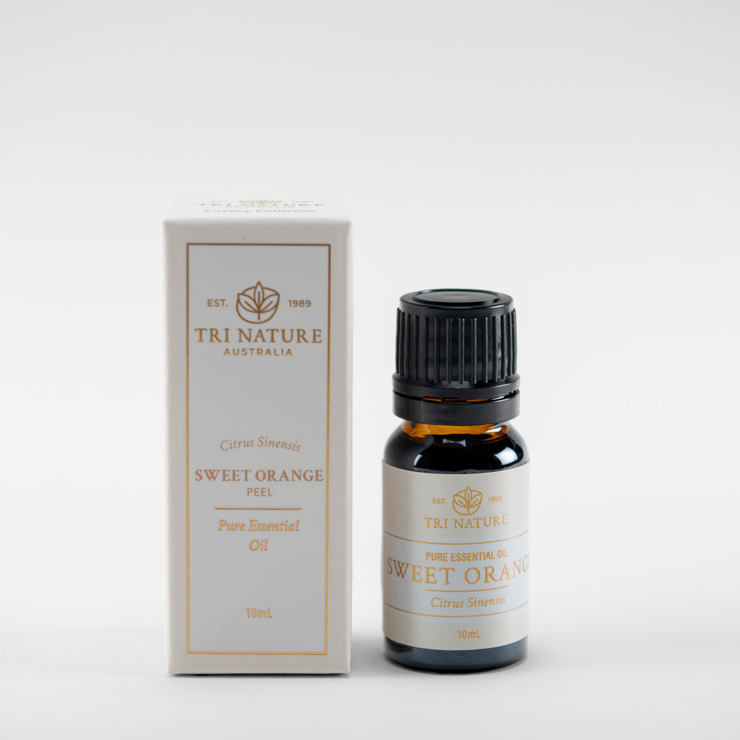 Tri Nature Sweet Orange pure essential oil 10ml with box, photographed 2026