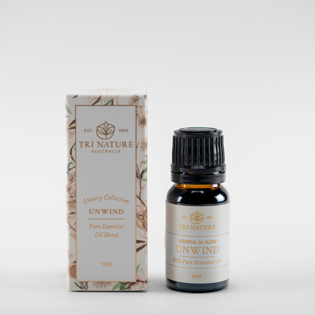 Tri Nature Unwind essential oil blend 10ml, Luxury Collection, with box, photographed 2026
