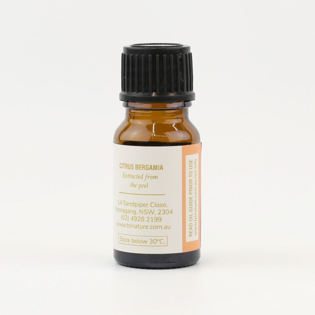 Tri Nature Bergamot Pure Essential Oil bottle, botanical name and storage details