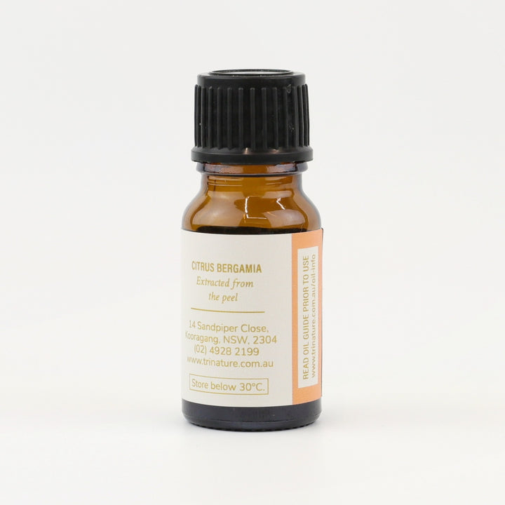 Tri Nature Bergamot Pure Essential Oil bottle, botanical name and storage details