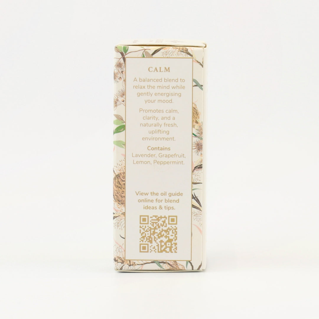 Tri Nature Calm Essential Oil Blend box, aroma description and oil guide QR code