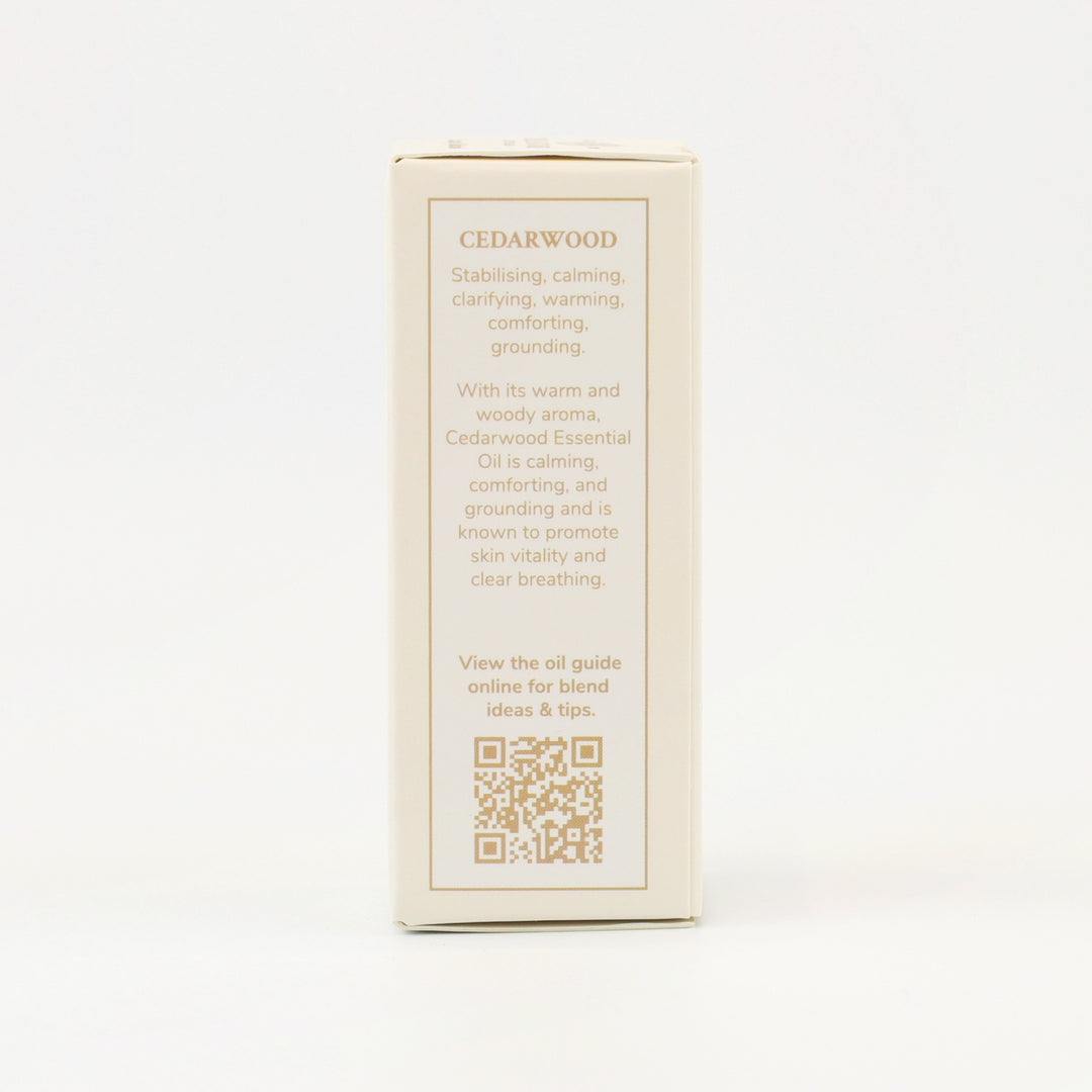 Tri Nature Cedarwood Pure Essential Oil box, aroma description and oil guide QR code
