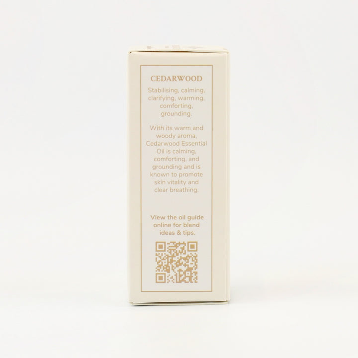 Tri Nature Cedarwood Pure Essential Oil box, aroma description and oil guide QR code