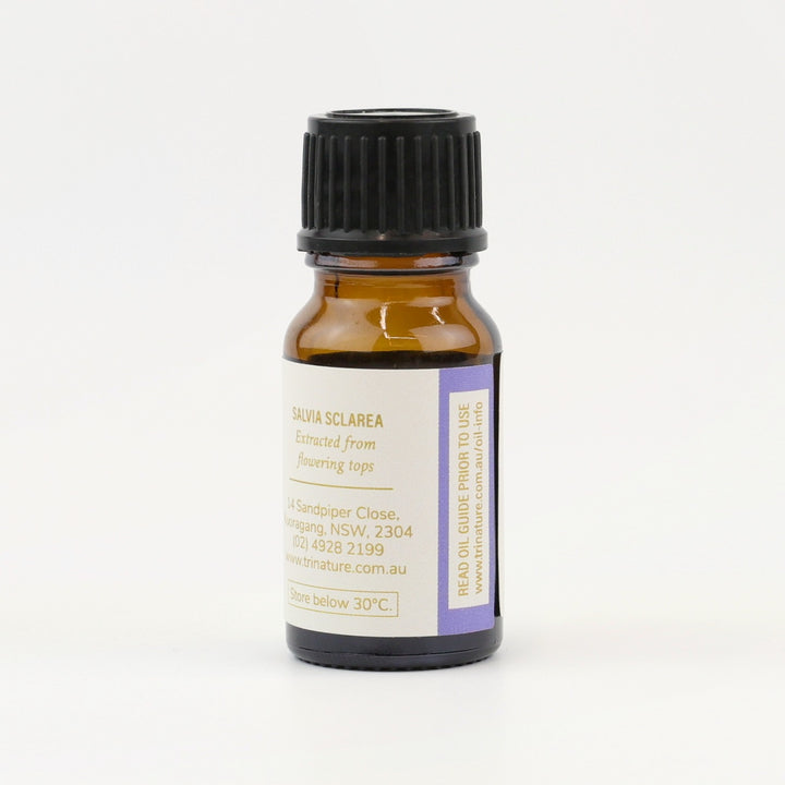 Tri Nature Clary Sage Pure Essential Oil bottle, botanical name and storage details