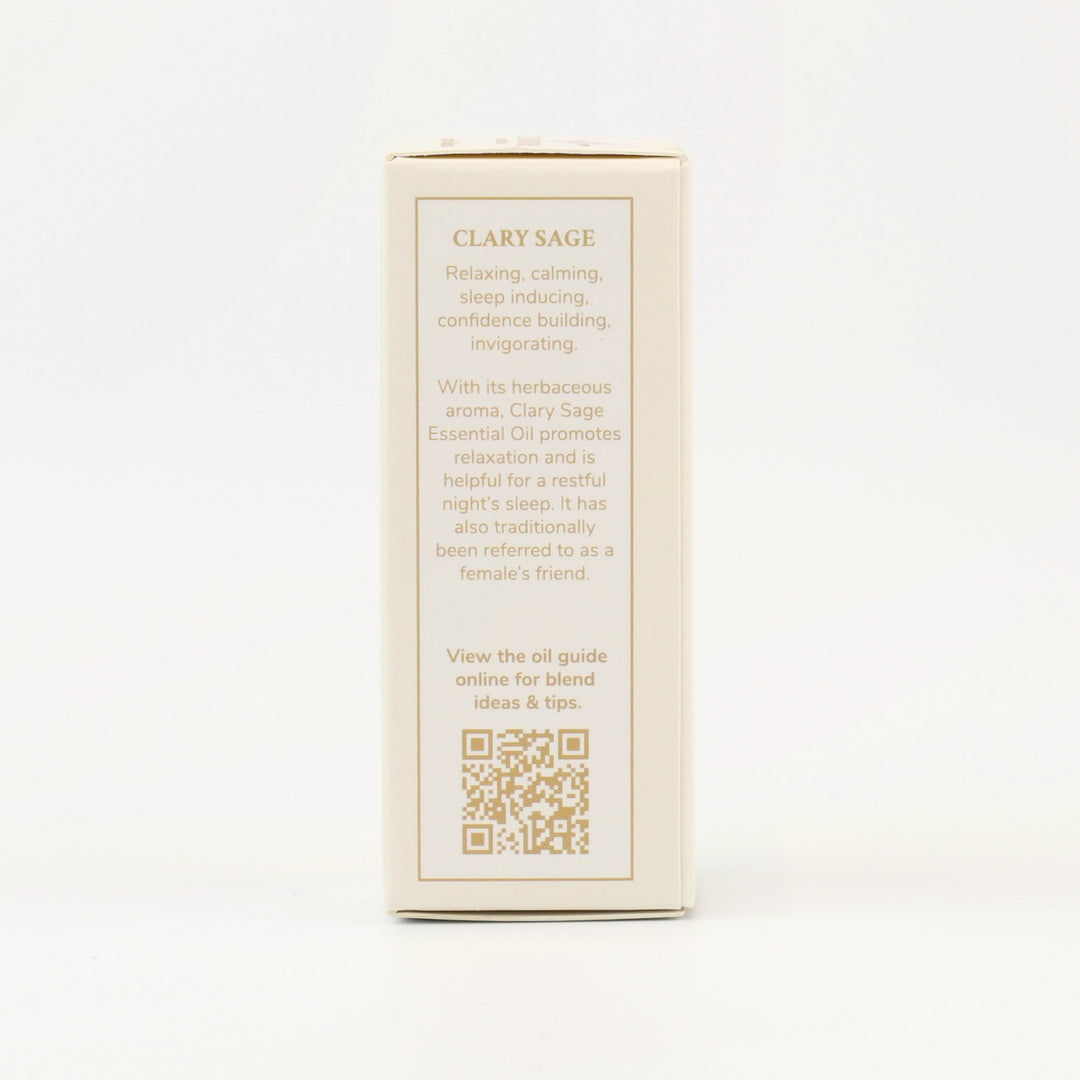 Tri Nature Clary Sage Pure Essential Oil box, aroma description and oil guide QR code