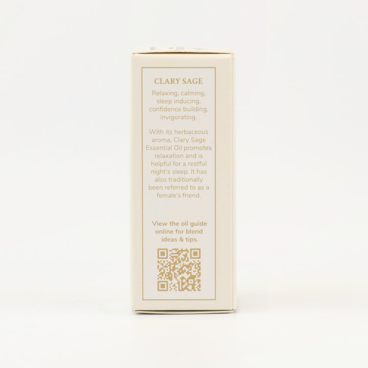 Tri Nature Clary Sage Pure Essential Oil box, aroma description and oil guide QR code