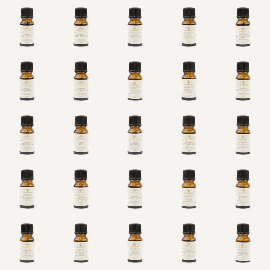 All twenty five Tri Nature essential oils and blends in 10mL amber glass bottles