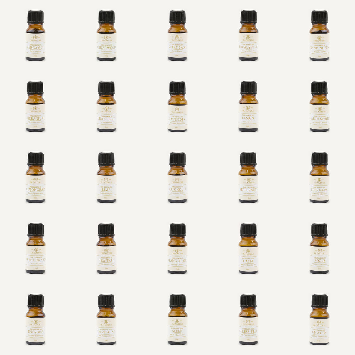 All twenty five Tri Nature essential oils and blends in 10mL amber glass bottles