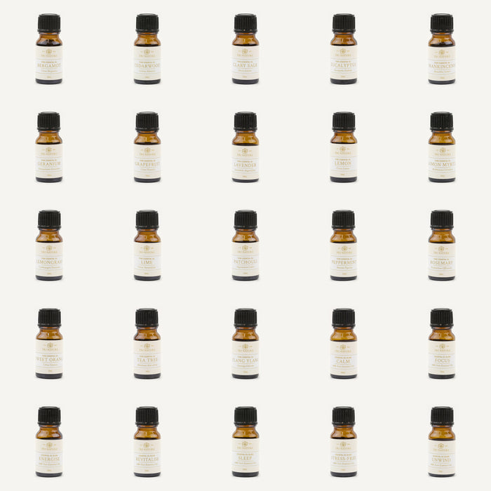 All twenty five Tri Nature essential oils and blends in 10mL amber glass bottles
