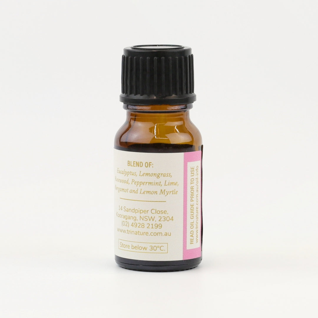 Tri Nature Energise Essential Oil Blend bottle, blend of Bergamot, Rosewood, Lemon Myrtle, Lemongrass, Peppermint, Lime and Eucalyptus