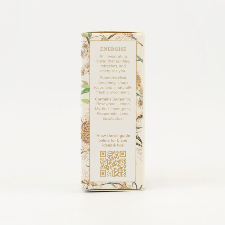 Tri Nature Energise Essential Oil Blend box, aroma description and oil guide QR code