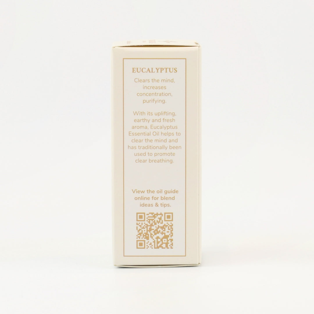 Tri Nature Eucalyptus Pure Essential Oil box, aroma description and oil guide QR code