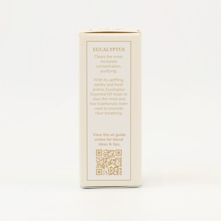 Tri Nature Eucalyptus Pure Essential Oil box, aroma description and oil guide QR code
