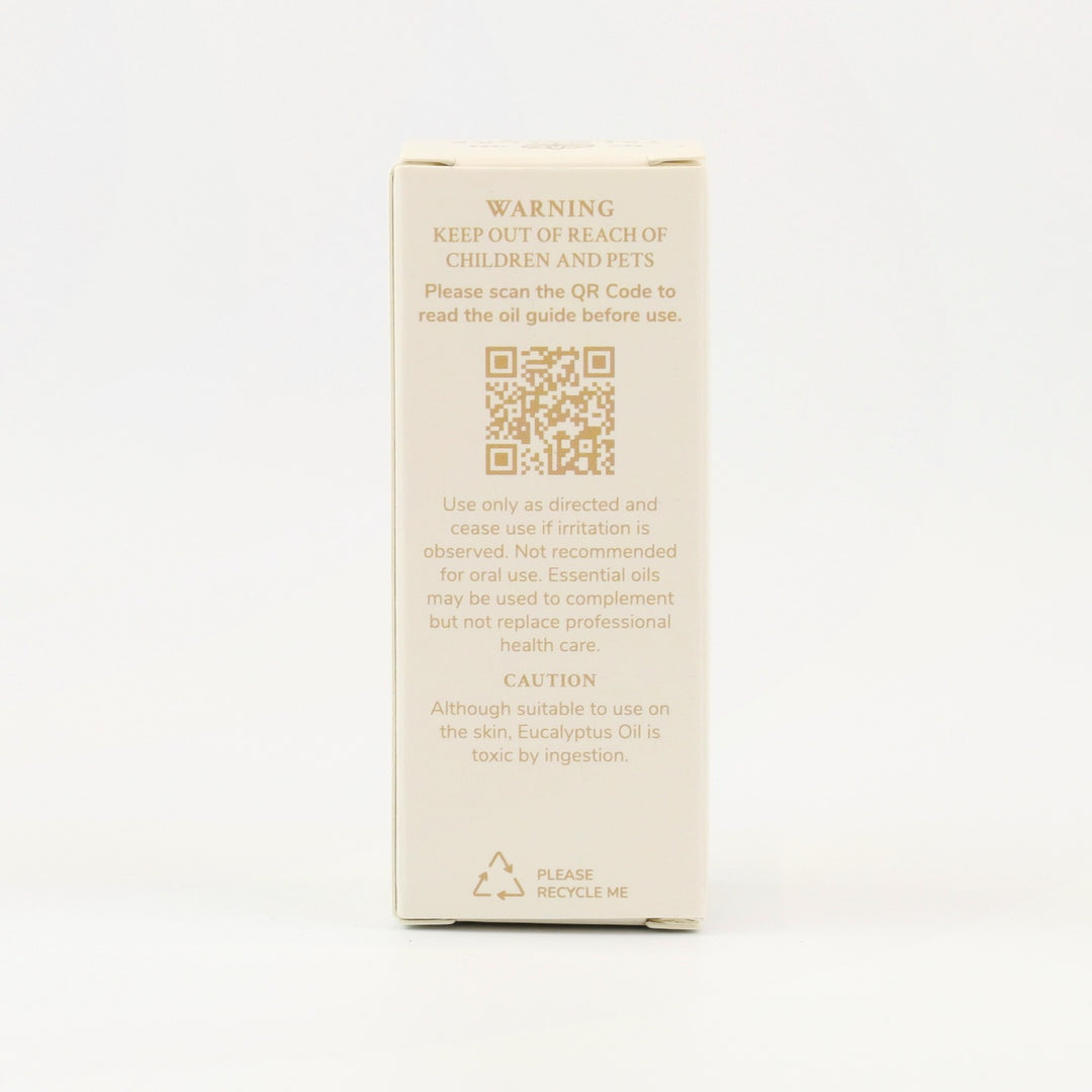 Tri Nature Eucalyptus Pure Essential Oil box, safety directions and QR code
