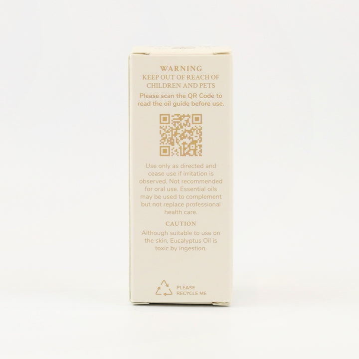 Tri Nature Eucalyptus Pure Essential Oil box, safety directions and QR code